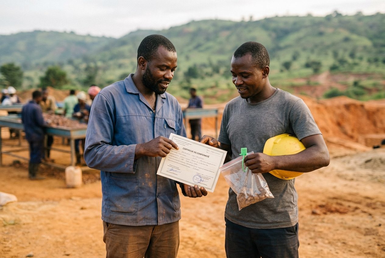Two cooperative members reviewing a conformity certificate and a sealed, tagged sample