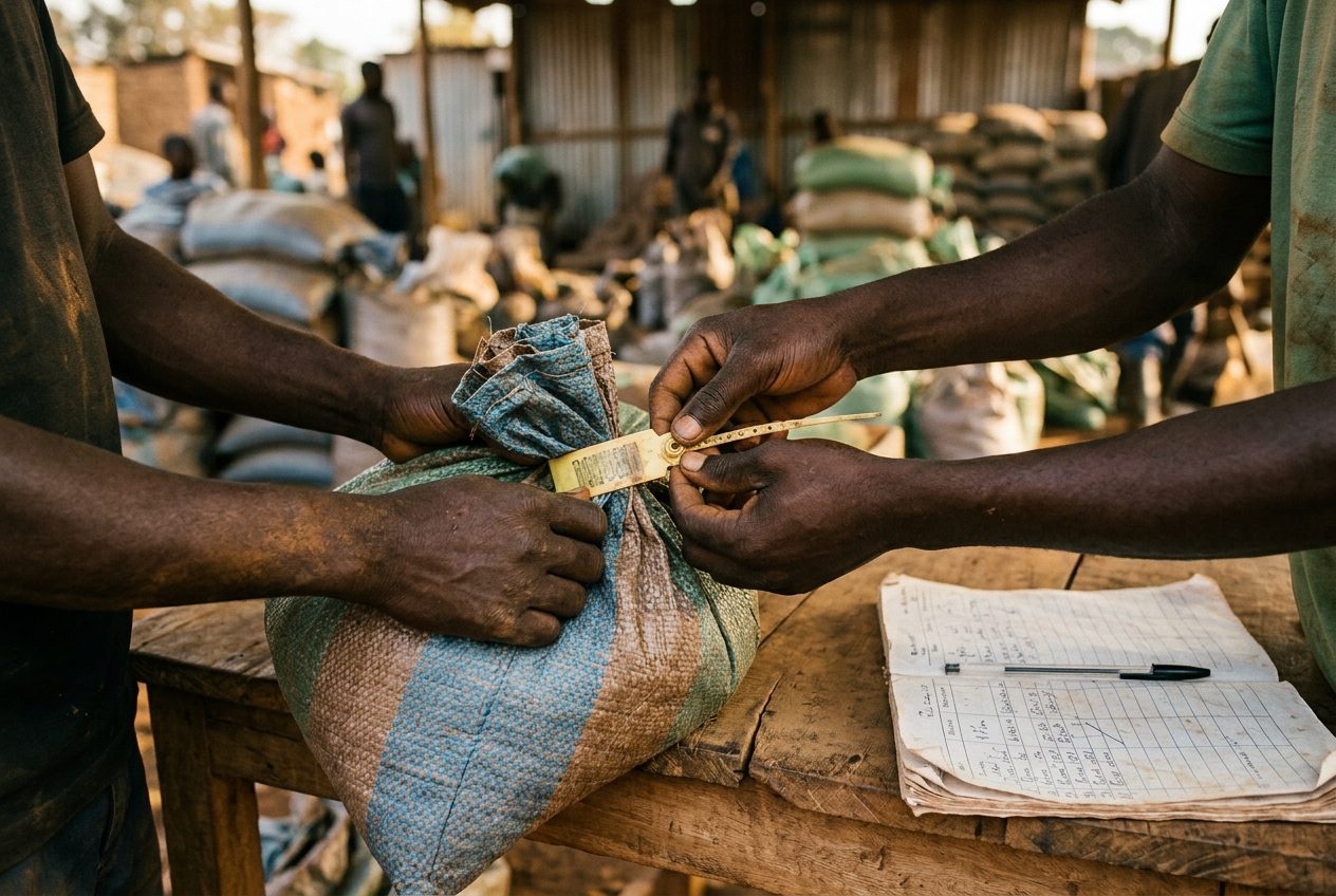Hands sealing a numbered security tag onto a filled sack of ore beside a paper register