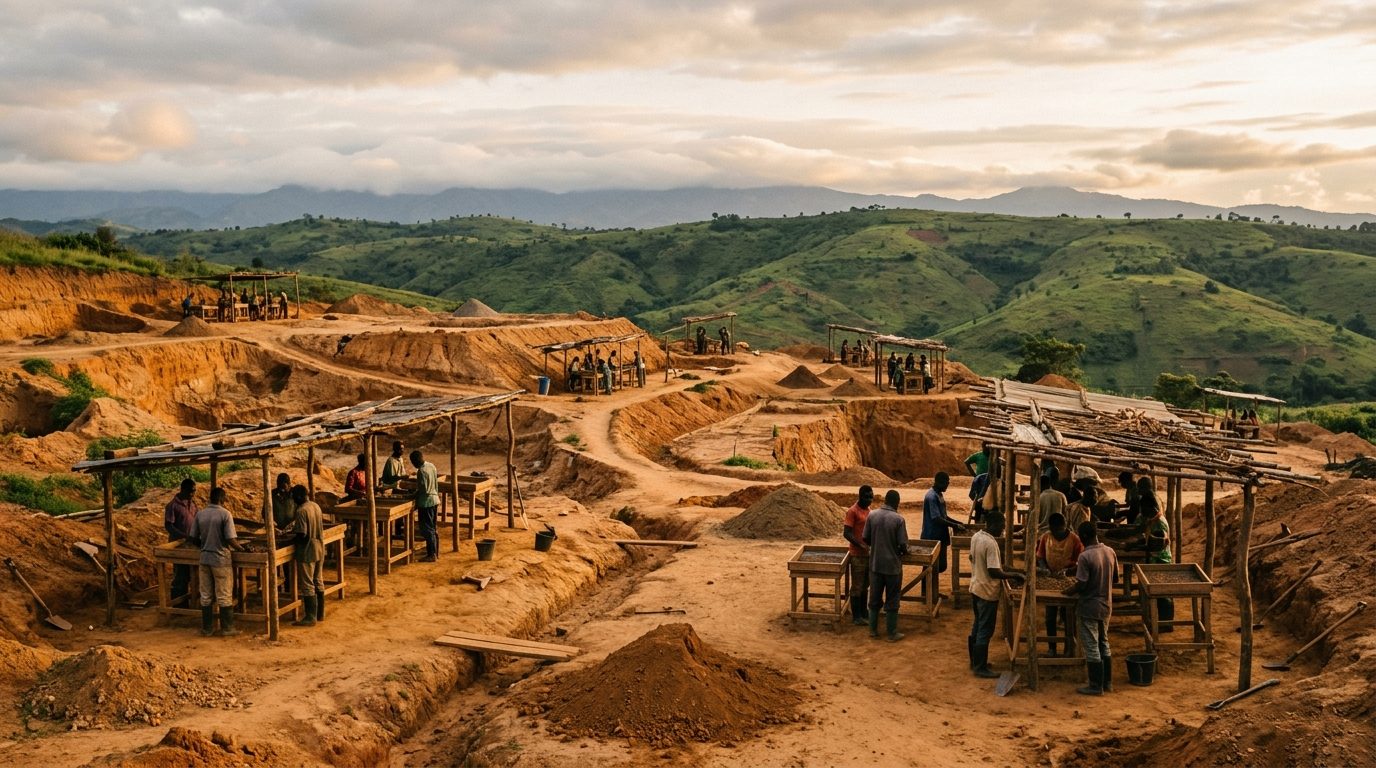 Wide view of a cooperative mining site at golden hour, with sorting tables and members at work