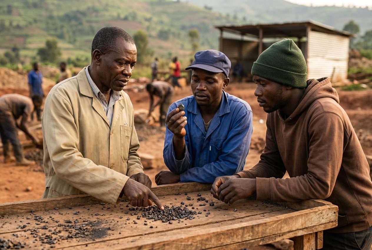 A cooperative supervisor and two members discussing sorted ore at a wooden table