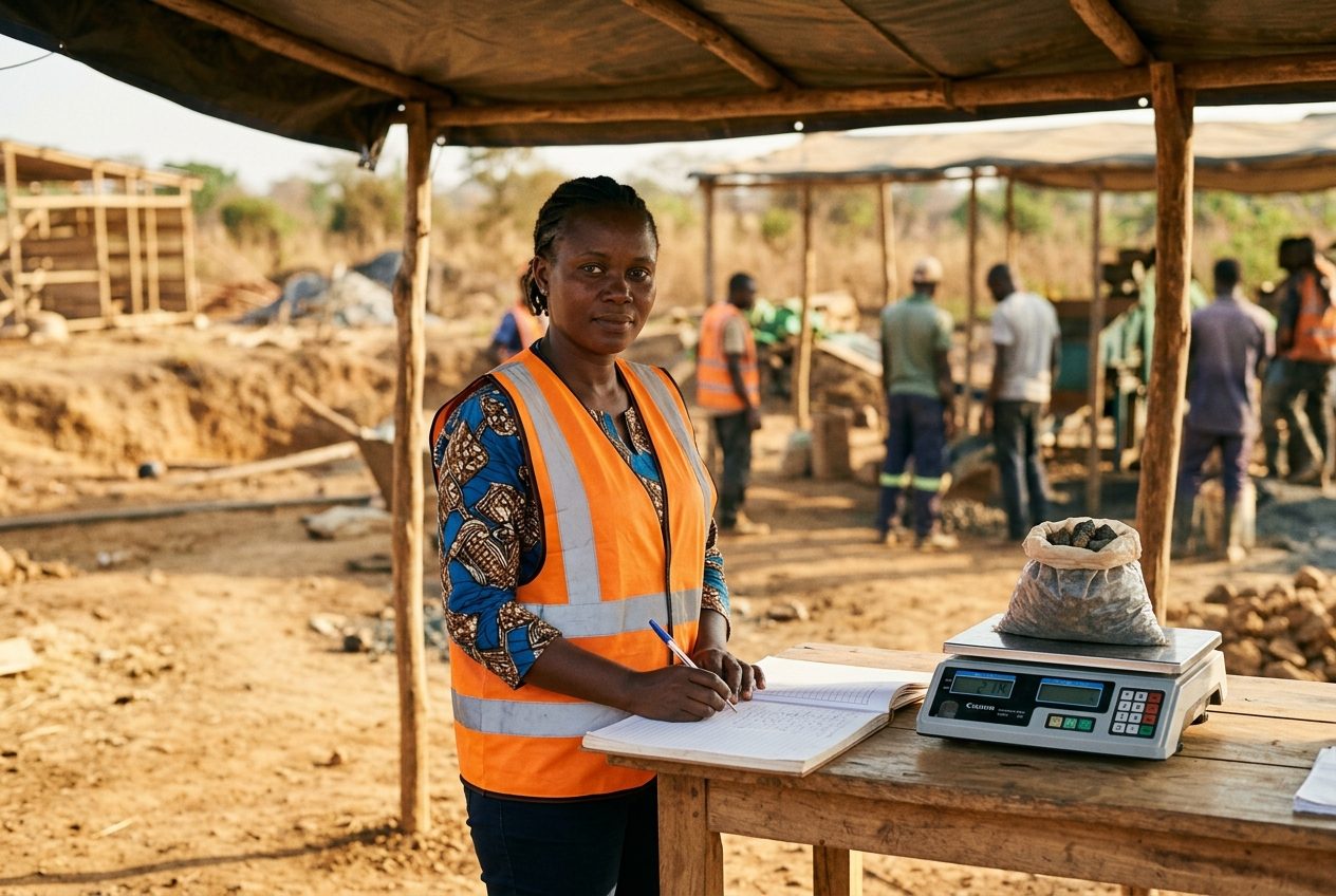 Cooperative administrator recording a weighed lot in a paper ledger next to a digital scale