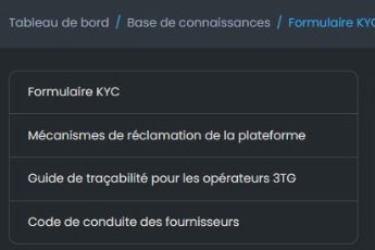 Platform screen listing the governance documents: KYC form, grievance mechanisms, 3TG traceability guide, supplier code of conduct